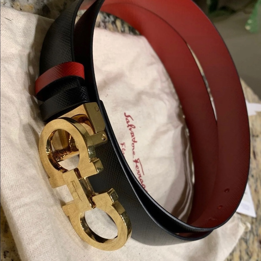 Salvatore Ferragamo Black and Red Belt with Gold Buckle